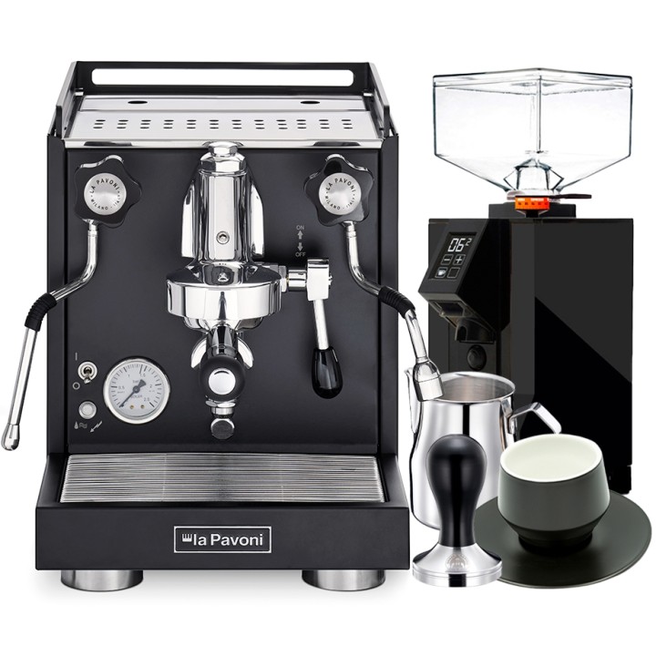 La Pavoni New Cellini Classic Sort LPSCCB01EU Inkl. Eureka Mignon Perfetto Mat Sort Espressokværn, Baristaudstyr & Kopper