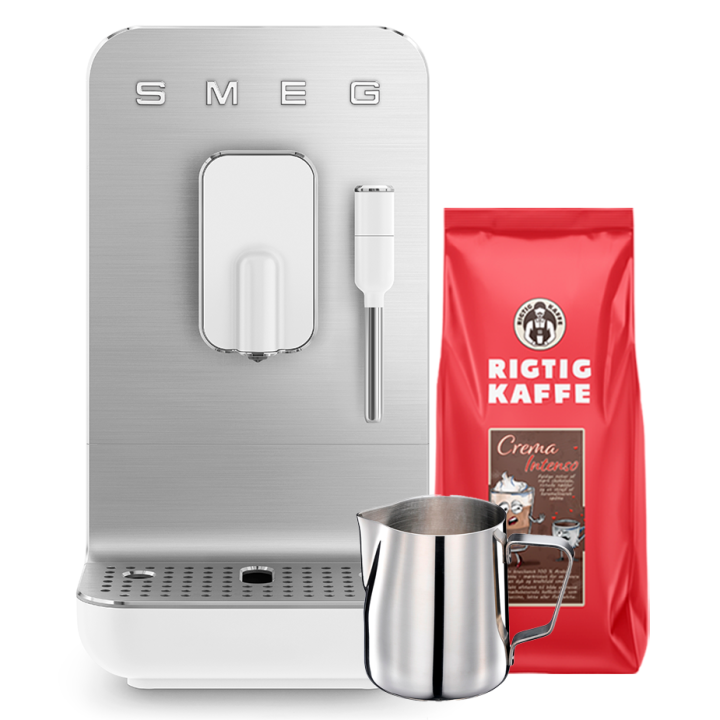 Smeg BCC12WHMEU Espressomaskine Hvid Inkl. Mælkekande 0,35L & Rigtig Kaffe Crema Intenso 1kg Hele kaffebønner Smeg BCC12WHMEU Espressomaskine Hvid Inkl. Mælkekande 0,35L & Rigtig Kaffe Crema Intenso 1kg Hele kaffebønner