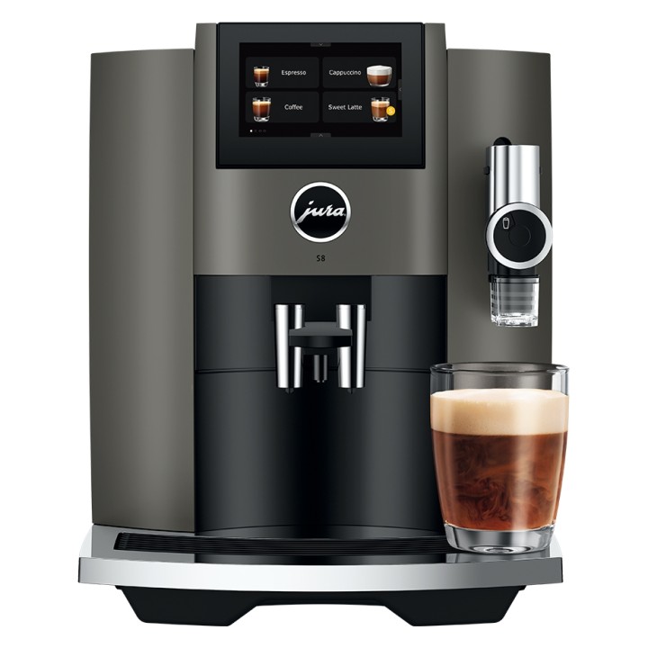 Jura S8 (EB) Dark Inox Espressomaskine Inkl. Startpakke DK sprog & 6kg Rigtig Kaffe Crema Intenso Hele kaffebønner