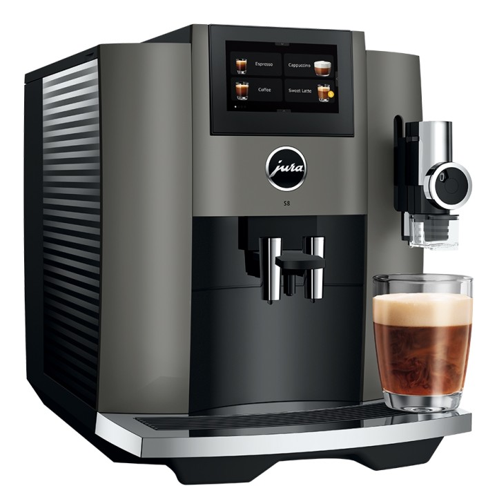 Jura S8 (EB) Dark Inox Espressomaskine Inkl. Startpakke DK sprog & 6kg Rigtig Kaffe Crema Intenso Hele kaffebønner