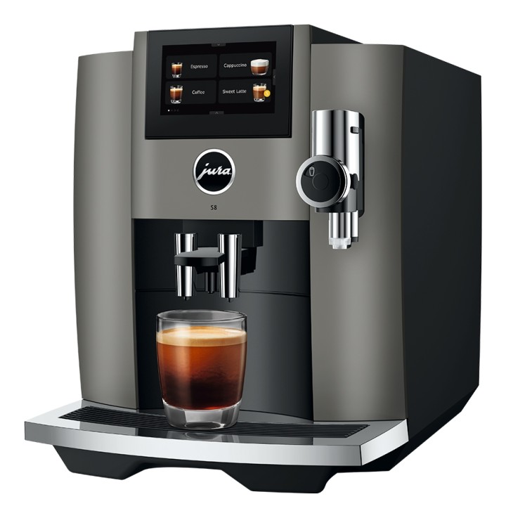 Jura S8 (EB) Dark Inox Espressomaskine Inkl. Startpakke DK sprog & 6kg Rigtig Kaffe Crema Intenso Hele kaffebønner