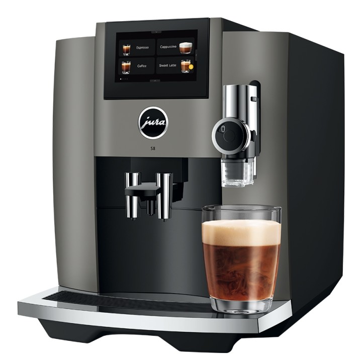 Jura S8 (EB) Dark Inox Espressomaskine Inkl. Startpakke DK sprog & 6kg Rigtig Kaffe Crema Intenso Hele kaffebønner