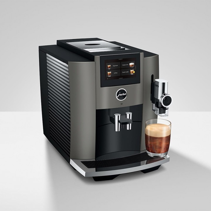 Jura S8 (EB) Dark Inox Espressomaskine Inkl. Startpakke DK sprog & 6kg Rigtig Kaffe Crema Intenso Hele kaffebønner