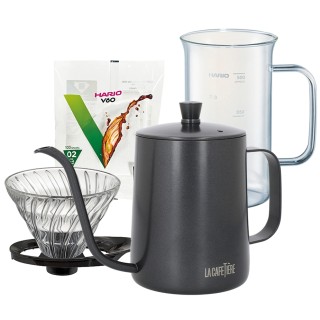 La Cafetière Gooseneck Kedel 0,6 L Sort og Hario glas dripper, Craft Science Beaker og Papir Filtre