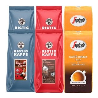 Mixpakke 6kg Rigtig Kaffe Super Crema, Crema Intenso & Segafredo Caffé Crema Dolce Hele kaffebønner