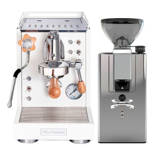 La Pavoni Mini Cellini Hvid LPSMCW01EU Espressomaskine Inkl. La Pavoni New Kube Chrome LPGKBS02EU Espressokværn