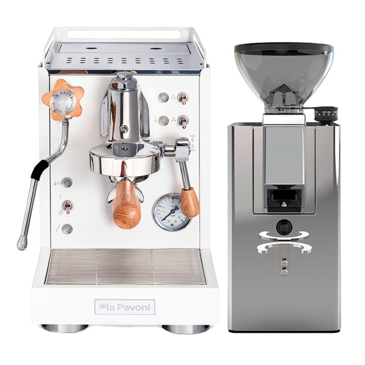 La Pavoni Mini Cellini Hvid LPSMCW01EU Espressomaskine Inkl. La Pavoni New Kube Chrome LPGKBS02EU Espressokværn