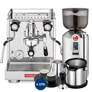 La Pavoni New Cellini Classic LPSCCS01EU Inkl. Espressokværn, Baristaudstyr & 4 stk Club House Cappuccinokopper Sort