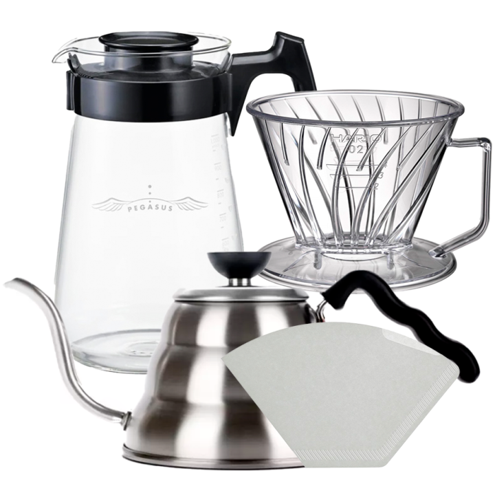 Hario Pegasus 02 Server 600ml Inkl. Papir Filtre 02, Plastik Dripper 02 & V60 Kettle Buono 100 1 L Stål Hario Pegasus 02 Server 600ml Inkl. Papir Filtre 02, Plastik Dripper 02 & V60 Kettle Buono 100 1 L Stål
