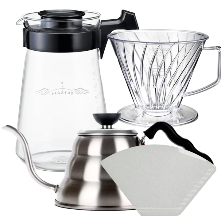 Hario Pegasus 03 Server 1000ml Inkl. Papir Filtre 03, Plastik Dripper 03 & V60 Kettle Buono 100 1 L Stål Hario Pegasus 03 Server 1000ml Inkl. Papir Filtre 03, Plastik Dripper 03 & V60 Kettle Buono 100 1 L Stål