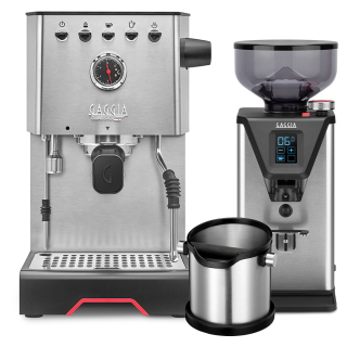 Gaggia Classic GT Stål Espressomaskine Inkl. Gaggia MDF 55 Chrome Espressokværn & House of Barista Knockbox
