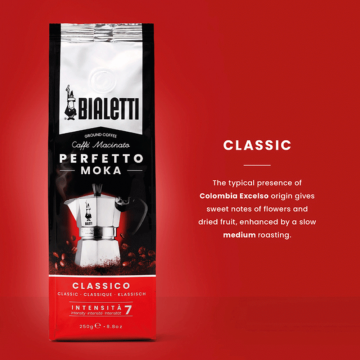 Bialetti Moka Express 6 Kop. Espressokande Alu Inkl. Perfetto Moka Classico Malet kaffe 250g