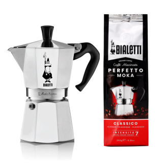 Bialetti Moka Express 6 Kop. Espressokande Alu Inkl. Perfetto Moka Classico Malet kaffe 250g