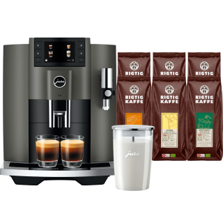 Jura E8 (EC) Dark Inox Espressomaskine Inkl. Mælkebeholder & 6x400g Rigtig Kaffe