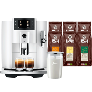 Jura E8 (EC) Piano White Espressomaskine Inkl. Mælkebeholder & 6x400g Rigtig Kaffe