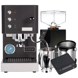 Profitec GO Mat Sort Espressomaskine Model 2025 Inkl. Eureka Mignon Perfetto Espressokværn, Kaffevægt & Baristaudstyr