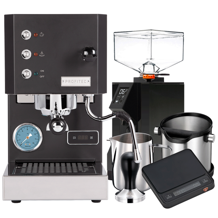 Profitec GO Mat Sort Espressomaskine Model 2025 Inkl. Eureka Mignon Perfetto Espressokværn, Kaffevægt & Baristaudstyr
