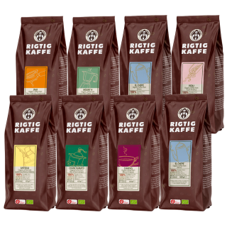 Rigtig Kaffe Organic Mixpakke 7 varianter Hele kaffebønner Rigtig Kaffe Organic Mixpakke 7 varianter Hele kaffebønner
