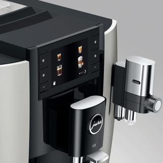 Jura E8 (EC) Platin Espressomaskine Inkl. Startpakke (DK sprog), Mælkebeholder, 3kg Rigtig Kaffe Super Crema & Pleje