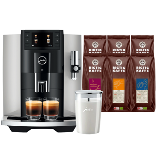 Jura E8 (EC) Platin Espressomaskine Inkl. Startpakke (DK sprog), Mælkebeholder & 6x400g Rigtig Kaffe