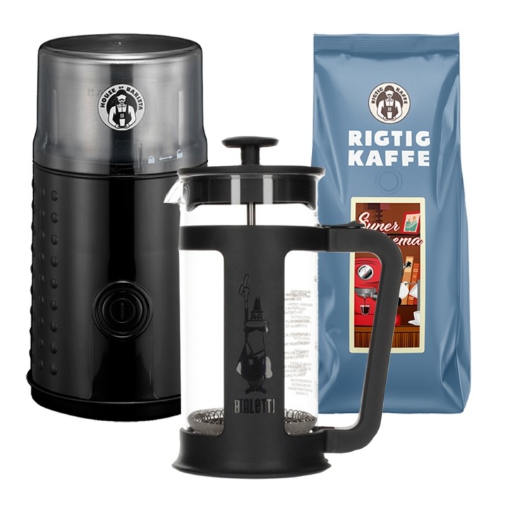 House of Barista Kaffemølle Inkl. Bialetti Smart Stempelkande 0,35 L & Kaffe