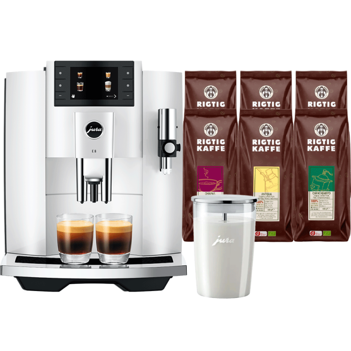 Jura E8 (EC) Piano White Espressomaskine Inkl. Mælkebeholder & 6x400g Rigtig Kaffe