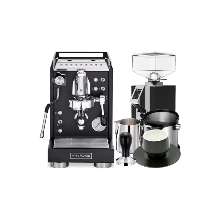 La Pavoni Mini Cellini Sort LPSMCB01EU Inkl. Eureka Mignon Turbo Espressokværn, Baristaudstyr & Kopper