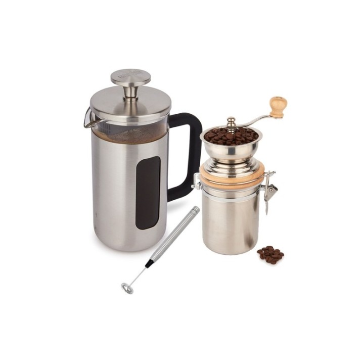 La Cafetière Pisa 8 Kop. Stempelkande Rustfrit Stål, Kaffemølle og Mælkeskummer