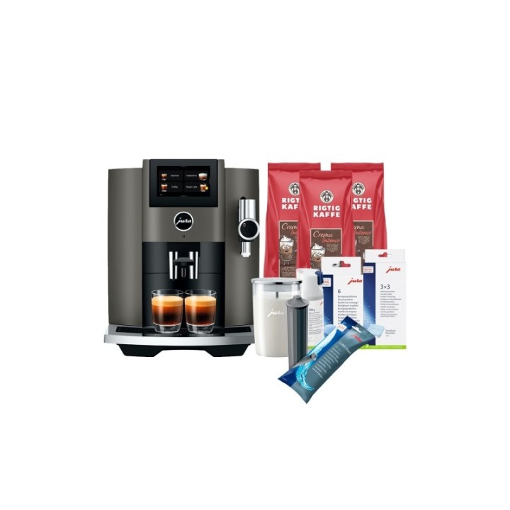 Jura S8 (EB) Dark Inox Espressomaskine Inkl. Startpakke DK sprog, Mælkebeholder, 6kg Rigtig Kaffe & Pleje