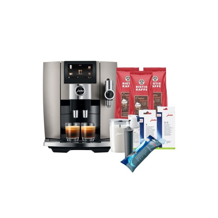 Jura J8 (EA) Midnight Silver Espressomaskine Inkl. Startpakke DK sprog, Mælkebeholder, 3kg Rigtig Kaffe & Pleje