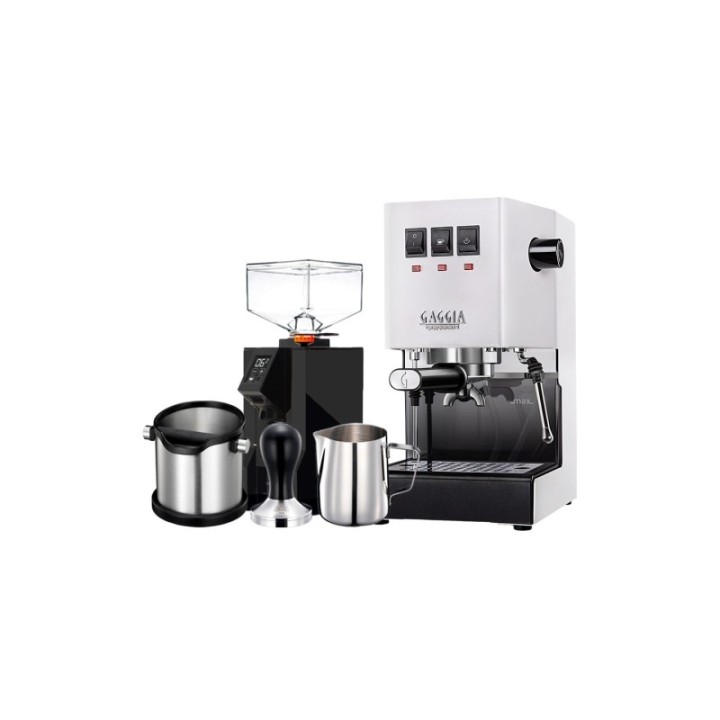 Gaggia Classic E24 Hvid Espressomaskine Inkl. Eureka Mignon Perfetto & Baristaudstyr