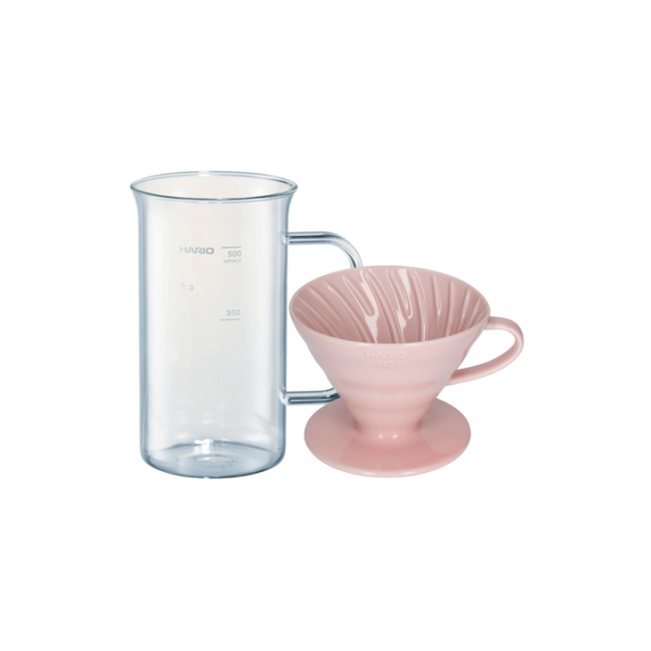 Hario Craft Science Beaker Server 50 cl Inkl. Hario V60-02 Keramik Dripper Pink 2 Kop.