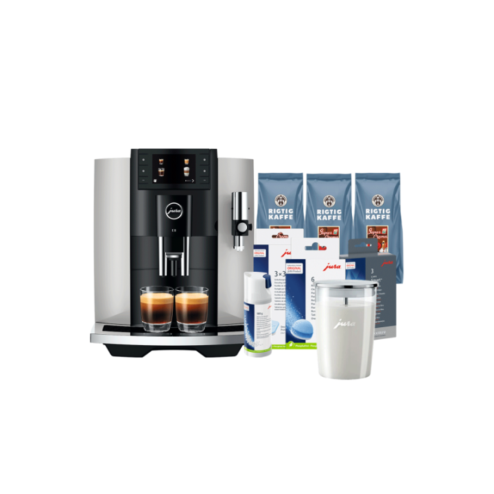 Jura E8 (EC) Platin Espressomaskine Inkl. Startpakke (DK sprog), Mælkebeholder, 3kg Rigtig Kaffe Super Crema & Pleje