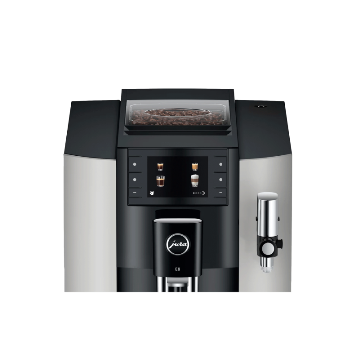 Jura E8 (EC) Platin Espressomaskine Inkl. Startpakke (DK sprog), Mælkebeholder, 3kg Rigtig Kaffe & Pleje