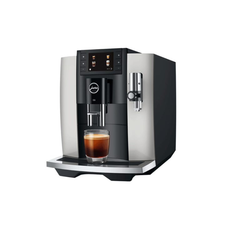 Jura E8 (EC) Platin Espressomaskine Inkl. Startpakke (DK sprog), Mælkebeholder, 3kg Rigtig Kaffe Super Crema & Pleje