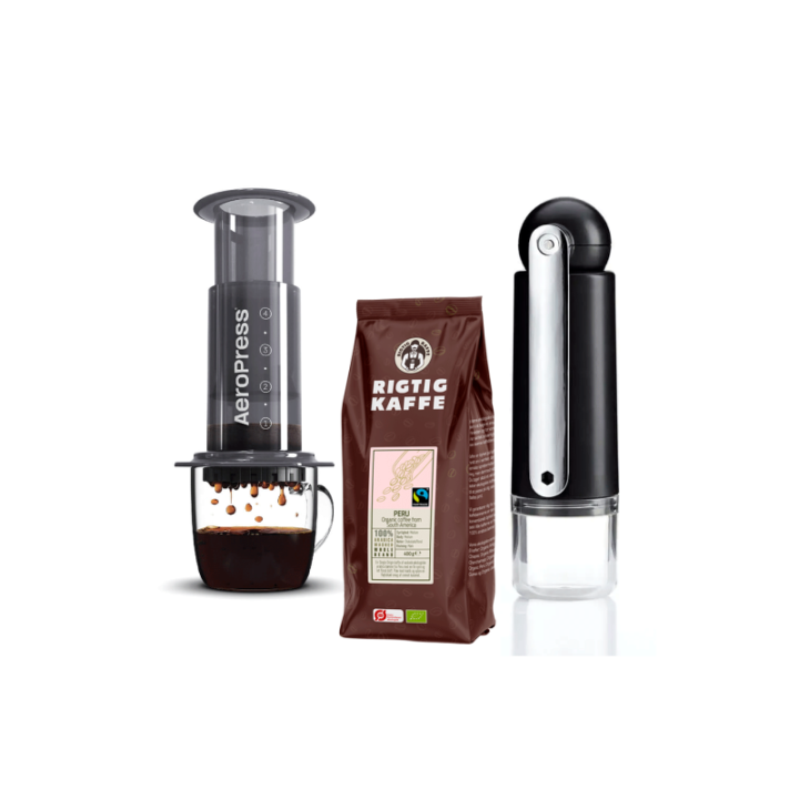 AeroPress Rejsebrygger Inkl. CrushGrind Colombia Rejsekværn & 400g Rigtig Kaffe Organic Peru