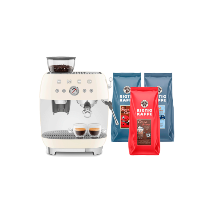 Smeg EGF03CREU Manuel espressomaskine Inkl. Kværn Creme & Rigtig Kaffe Bestseller Mixpakke 3kg Hele kaffebønner