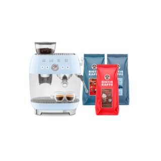 Smeg EGF03PBEU Manuel espressomaskine Inkl. Kværn Pastelblå & Rigtig Kaffe Bestseller Mixpakke 3kg Hele kaffebønner