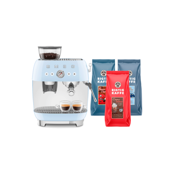 Smeg EGF03PBEU Manuel espressomaskine Inkl. Kværn Pastelblå & Rigtig Kaffe Bestseller Mixpakke 3kg Hele kaffebønner