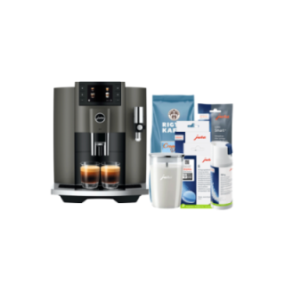 Jura E8 (EC) Dark Inox Espressomaskine Inkl. Startpakke (DK sprog), Mælkebeholder, Pleje & 1kg Rigtig Kaffe Dolce Crema