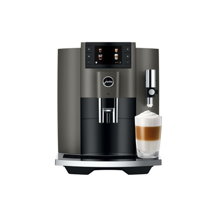Jura E8 (EC) Dark Inox Espressomaskine Inkl. Startpakke (DK sprog), Mælkebeholder, Pleje & 1kg Rigtig Kaffe Dolce Crema