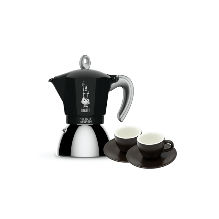 Bialetti Moka Induktion 4 Kop. Espressokande Sort Inkl. Club House Tulipano Espresso m. Underkop Mat Brun 7 cl 2 Stk