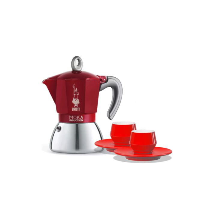 Bialetti Moka Induktion 6 Kop. Espressokande Rød Inkl. Club House Maniko Espresso m. Underkop Rød 7 cl 2 Stk
