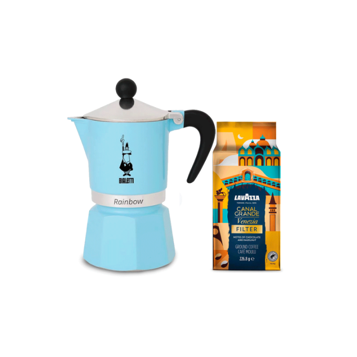 Bialetti Primavera Rainbow 3 Kop. Espressokande Lyseblå Inkl. Lavazza Tales of Italy Canal Grande 226,8g Formalet kaffe