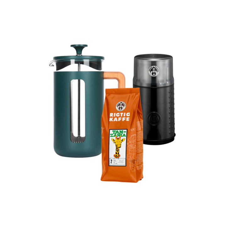 La Cafetière Pisa 8 Kop. Stempelkande Grøn Inkl. House of Barista Elektrisk Kaffemølle & Rigtig Kaffe 400g Hele kaffebønner