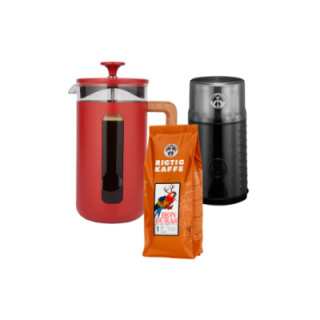 La Cafetière Pisa 8 Kop. Stempelkande Rød Inkl. House of Barista Elektrisk Kaffemølle & Rigtig Kaffe 400g Hele kaffebønner