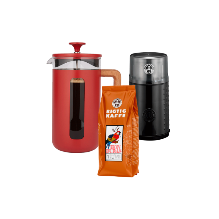 La Cafetière Pisa 8 Kop. Stempelkande Rød Inkl. House of Barista Elektrisk Kaffemølle & Rigtig Kaffe 400g Hele kaffebønner