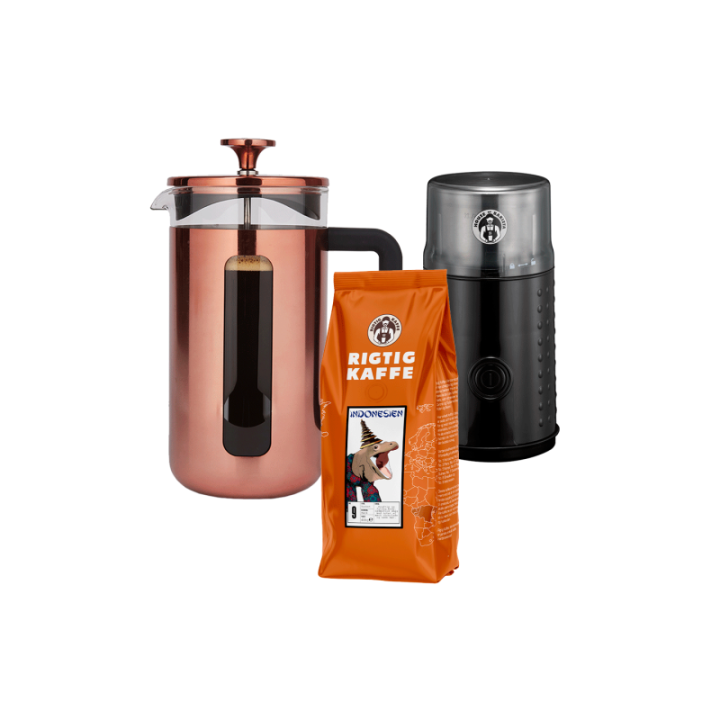 La Cafetière Pisa 8 Kop. Stempelkande Kobber Inkl. House of Barista Elektrisk Kaffemølle & 400g Rigtig Kaffe