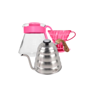 Hario V60 Filterbryg Sæt Pink Inkl. Range Server 0,6 L, Dripper 2 Kop., IKAPE Pour Over Kedel med Termometer 1,2 L & Filtre