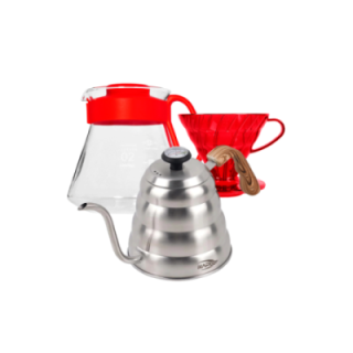 Hario V60 Filterbryg Sæt Rød Inkl. Range Server 0,6 L, Dripper 2 Kop., IKAPE Pour Over Kedel med Termometer 1,2 L & Filtre
